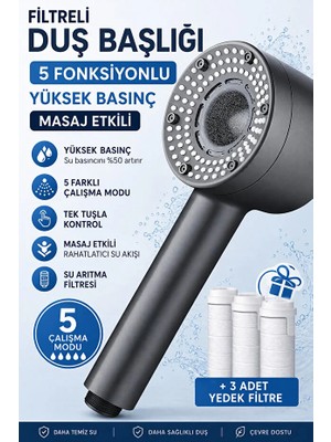 Suvia Filtreli Duş Başlığı Yüksek Basınçlı 5 Fonksiyonlu | Klor ve Kireç Önleyici | Masaj Etkili | +3 Yedek Filtre