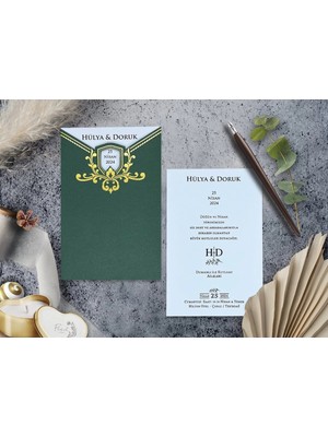 Altın Yaldızlı Düğün, Nikah, Nişan, Kına Davetiyesi (100 Adet)