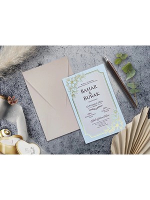 Altın Yaldızlı Düğün, Nikah, Nişan, Kına Davetiyesi (100 Adet)
