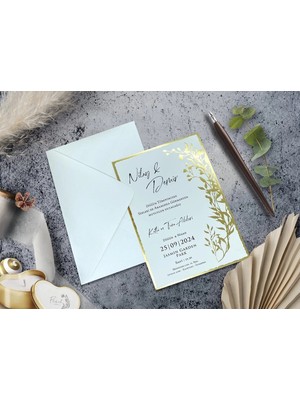 Altın Yaldızlı Düğün, Nikah, Nişan, Kına Davetiyesi (100 Adet)