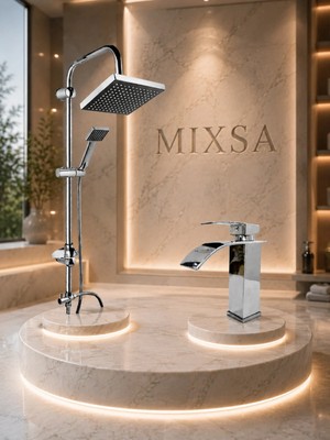 Mixsa Lüx Krom Robot Duş Seti Premium Şelale Akışlı Lavabo Bataryası 2'li Set Şık Tasarım