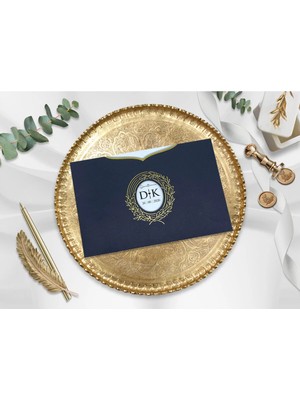 Lacivert Zarf Altın Yaldız Düğün, Nikah, Nişan Davetiyesi (100 Adet)