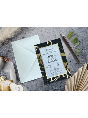 Altın Yaldızlı Düğün, Nikah, Nişan, Kına Davetiyesi (100 Adet)