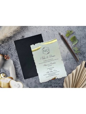 Altın Yaldızlı Düğün, Nikah, Nişan, Kına Davetiyesi (100 Adet)