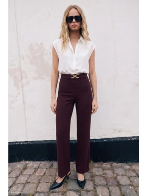 Sateen Aksesuar Detaylı Pantolon - Mürdüm