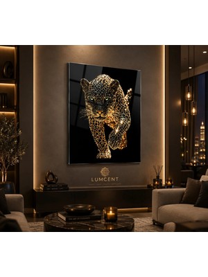 Lumcent Kristal Leopar Cam Tablo – 4 mm Temperli Uv Baskılı Siyah Gold Modern Dekoratif Duvar Tablosu | Salon ve Ofis Dekoru