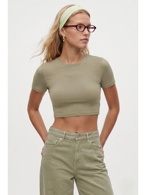 Ritnice Kadın New Serra %100 Pamuk Haki Crop Top