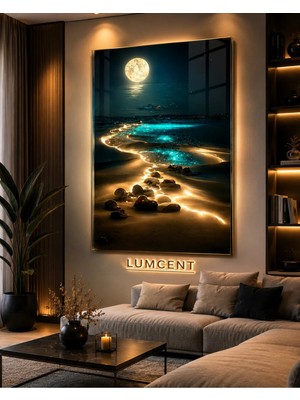 Lumcent Ay Işığı Sahili Cam Tablo – 4 mm Temperli Cam Üzerine Premium Uv Baskılı Dekoratif Deniz Manzaralı Duvar Tablosu | Salon, Yatak Odası ve Ofis Dekoru