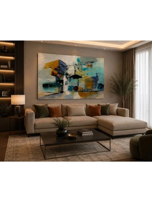 Sennight Kanvas Tablo Modern Soyut Turkuaz ve Hardal Renkli Çerçevesiz Dekoratif Duvar Tablosu Salon, Ofis, Yatak Odası, Koridor