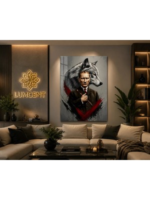 Lumcent Premium 4 mm Temperli Cam Uv Baskı Mustafa Kemal Atatürk ve Bozkurt Temalı Dekoratif Cam Duvar Tablosu | Modern Salon, Ofis ve Makam Odası Dekoru