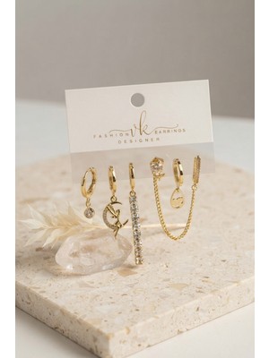 Gold Renk Pirinç Zirkon Taşlı 6'lı Küpe Set Kombini