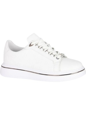Pierre Cardin Erkek Beyaz Tonal Monogram Kabartma Deri Platform Sneaker Gold Metal Şeritli