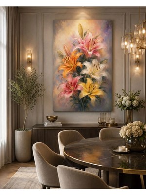 Sennight Kanvas Tablo Pastel Zambaklar Modern Çiçek Temalı Dikey Duvar Dekoru Salon Yatak Odası Yemek Odası Çerçevesiz Premium