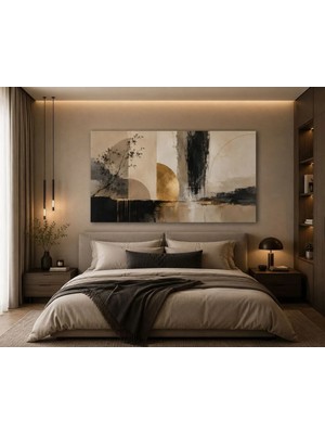 Sennight Kanvas Tablo Modern Soyut Manzara – Bej Siyah Altın Tonlu Minimalist Doğa Esintili Duvar Dekoru, Salon Yatak Odası Ofis Antre Yatay Tasarım