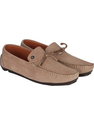 Pierre Cardin Erkek Bej Nubuk Driver Loafer Sürüş Ayakkabısı Bağcıksız Hakiki Deri Astar Mokasen
