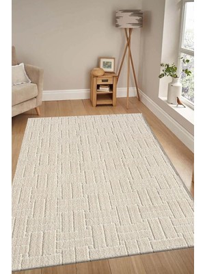 Raschel Carpet Kaymaz Taban Moopy Krem Rengi Bukleli Yumuşak Soft Dokuma Yolluk Halı Salon Halıs�