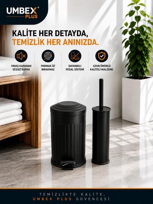 Umbex Plus Vintage Siyah Set Amortisörlü Yavaş Kapanır Çöp Kovası Fırca 5 Lt