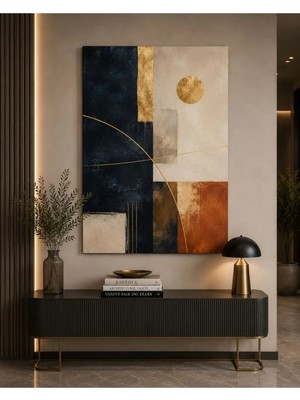 Sennight Kanvas Tablo Soyut Geometrik Lacivert Kiremit Bej Gold Çizgili Modern Minimalist Salon Yatak Odası Dekoratif