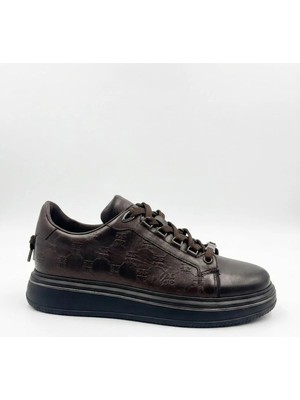 Pierre Cardin Erkek Kahverengi Monogram Kabartma Deri Platform Sneaker Gun-Metal Şeritli Ayakkabı