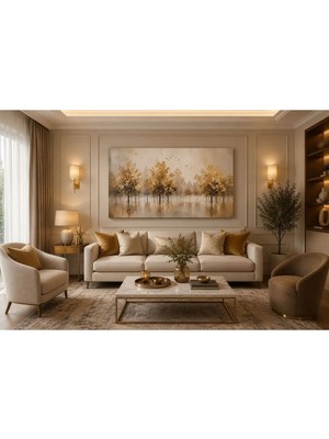 Sennight Kanvas Tablo Altın Işıltılı Sonbahar Ağaçları Manzara - Modern Salon, Antre ve Ofis Duvar Dekoru