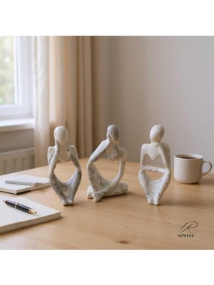 Mermer Görünümlü Düşünen Insan Figürü 3'lü Set - Dekoratif - Modern Porselen Tozu Obje -