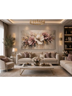 Sennight Pudra Gül Kurusu Çiçek Soyut Kanvas Tablo Modern Floral Duvar Dekoru Bej Altın Tonlu Yatay Salon Yatak Odası Dekoratif Tablo