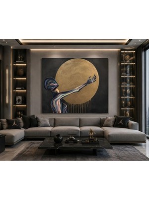 Sennight Kanvas Tablo Lunar Reach Altın Ay Dokulu Soyut Insan Figürlü Modern Lüks