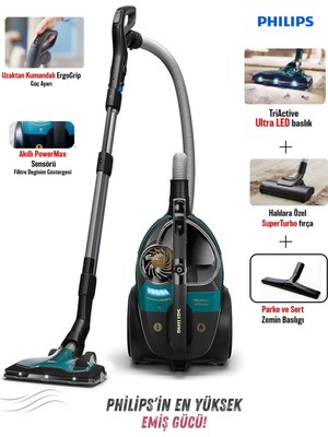 Philips Turbo Başlıklı Marathon Ultimate Toz Torbasız Elektrikli Süpürge, En Yüksek Emiş Gücü 899 W, Powercyclone 10, Triactive Ultra LED Başlık