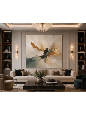 Sennight Kanvas Tablo Modern Soyut Altın Dokulu Bej ve Petrol Yeşili Altın Yaldız Efektli Dekoratif Tablo Salon, Ofis, Yatak Odası, Antre
