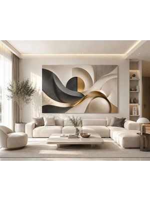 Sennight Kanvas Tablo Aura Flow Bej Siyah Gold Modern Soyut Geometrik Duvar Dekoru