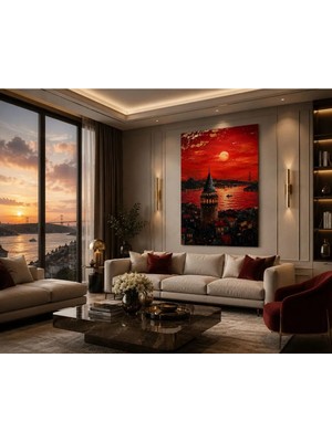 Sennight Kanvas Tablo Istanbul Esintili Kızıl Gün Batımı Şehir Silüeti, Dokulu Modern Duvar Dekoru, Salon Ofis Çalışma Odası Için