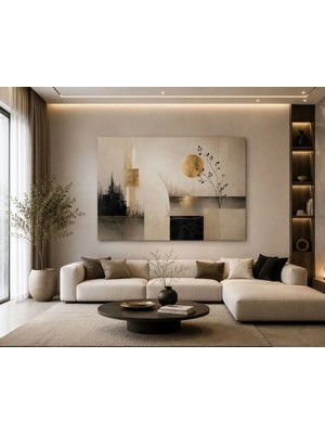 Sennight Kanvas Tablo Modern Soyut Geometrik – Bej Siyah Altın Tonlu Minimalist Duvar Dekoru, Yatak Odası Salon Dresuar Üzeri Tek Parça Yatay