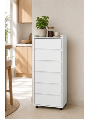 Mobilya Vento 6 Çekmeceli Çok Amaçlı Dolap, Mutfak Antre Salon ve Çocuk Odası Düzenleyici, 130X55X40 Cm, Beyaz