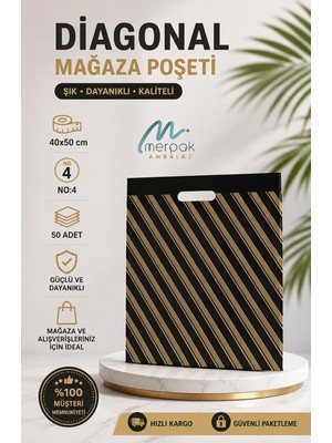 Merpak Ambalaj Çizgili Mağaza Poşeti (No 4) 50 Adet 40X50 cm Çizgili Takviyeli Poşet Diagonal P