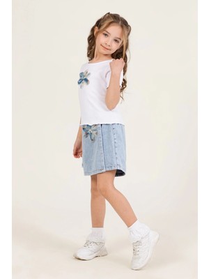Dmb 4-9 Yaş Çiçek Detaylı T-Shirt Şort Etekli Takım Günlük Bayramlık Kız Çocuk Takım
