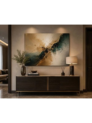 Sennight Kanvas Tablo Soyut Petrol Yeşili, Altın Dokunuşlu Modern Dekoratif Duvar Tablosu