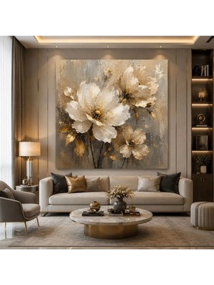 Sennight Kare Kanvas Tablo Gold Çiçek Desenli Bej Krem – Modern Floral Çerçevesiz Duvar Dekoru, Salon Yatak Odası Antre