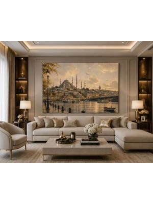 Sennight Kanvas Tablo Istanbul Şehir Manzarası Boğaz ve Tarihi Siluet Temalı Bej Gold Tonlu Dekoratif Salon Ofis Çalışma Odası