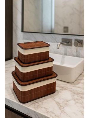 3 Lü Kapaklı Bambu Depolama&amp;organizer Sepeti 36X26X17 cm (Kahverengi)