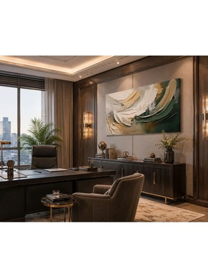 Sennight Kanvas Tablo Gold ve Zümrüt Yeşili Soyut - Modern Panoramik, Salon, Ofis ve Yatak Odası Duvar Dekoru