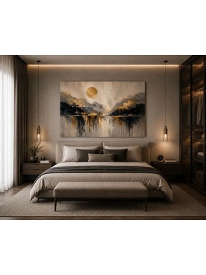 Sennight Altın Güneş Yansımalı Soyut Manzara Kanvas Tablo Modern Dağ ve Göl Temalı Dekoratif Duvar Tablosu Salon Yatak Odası Ofis Oturma Odası