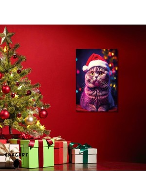 Tekli Dikey Kanvas Duvar Tablosu Yılbaşı Hediyesi Noel Baba Kostümlü Scottish Fold, 100 x 150