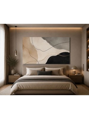 Sennight Kanvas Tablo Modern Minimalist Soyut Bej Krem Siyah Altın Çizgili Yatay Dekoratif Duvar Tablosu, Salon Oturma Odası Yatak Odası Antre Ofis
