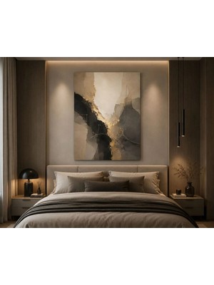 Sennight Modern Soyut Kanvas Tablo Bej Siyah Gold Tonlu Minimalist Çerçevesiz Dekoratif Tablo Salon, Yatak Odası, Antre, Dresuar Üzeri
