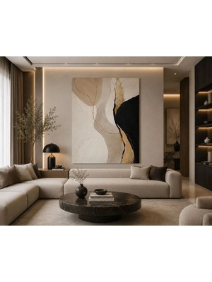 Sennight Kanvas Tablo Soyut Bej Siyah Gold Dokulu – Modern Minimalist Çerçevesiz Dekoratif Tablo, Salon Yatak Odası Ofis