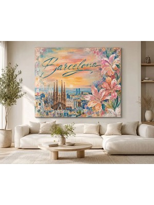 Sennight Kanvas Tablo Barcelona Bloom - Çiçek Detaylı Barcelona Şehir Manzarası, Soft Renkli Modern Duvar Dekoru