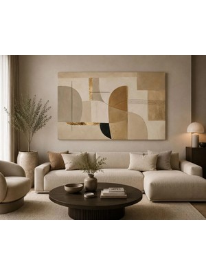 Sennight Modern Soyut Geometrik Kanvas Tablo Yatay - Bej Krem Kahve Tonlarında Minimalist Duvar Dekoru Salon Yatak Odası Ofis