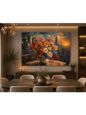 Sennight Kanvas Tablo Modern Şehir Manzaralı Çiçek Buketi Çerçevesiz Dekoratif Duvar Tablosu Salon Antre Yemek Odası