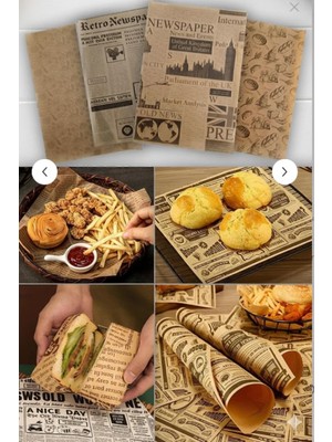 50 Adet Retro Gazete Desenli Ambalaj Kağıdı - 35X25 cm Yağ Geçirmez Sandviç ve Burger Kağıd�