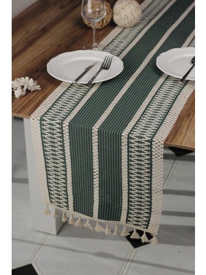 Tropik Home Pamuk Dantel Püsküllü Yeşil Runner, Sunum Örtüsü Dantel Bej 35X145 cm Runner Masa